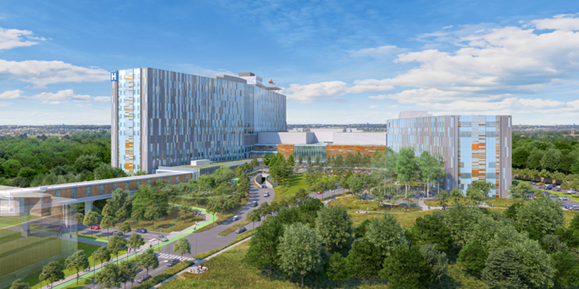 An artist rendering of the exterior of The Ottawa Hospital's new campus during the day, showing the exterior main entrance of the hospital and trees in the foreground. A helicopter is on the helipad on the roof of the building.