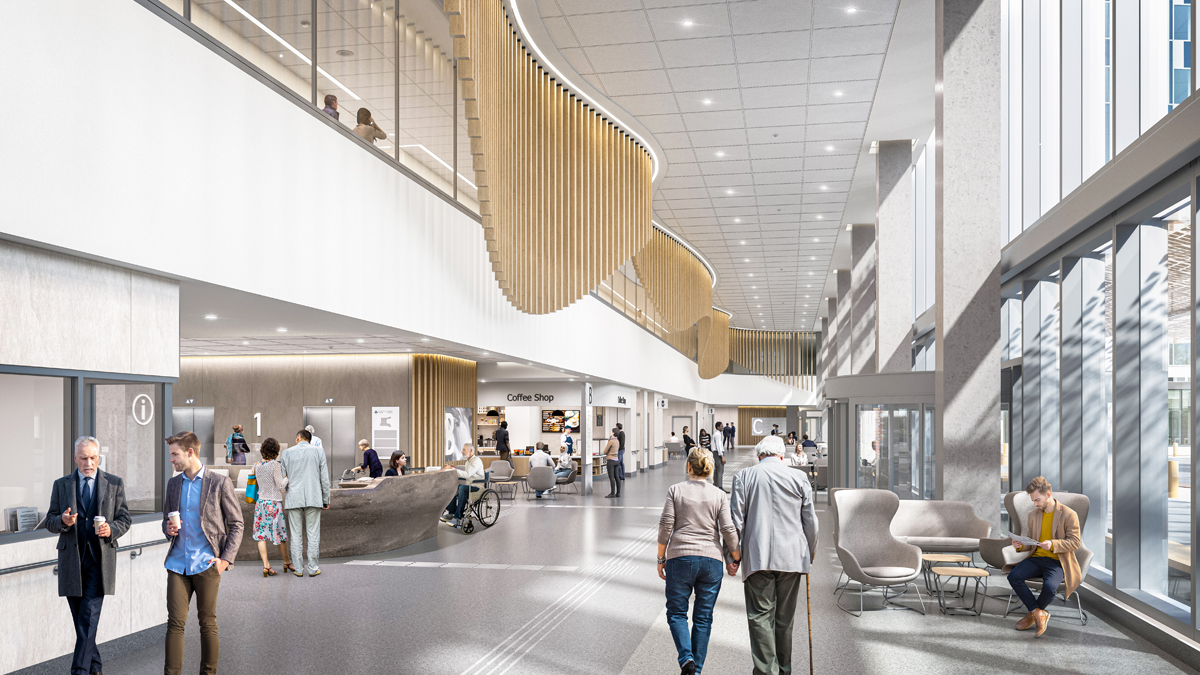 ft side of the concourse. Floor-to-ceiling windows on the right fill the space with natural light and show a clear view of the outdoors. Some people are walking throughout the scene while others are seated in various locations.